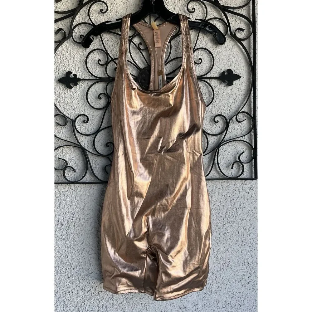 Skims Metallic Swim Cycle Suit - S/M - Champagne